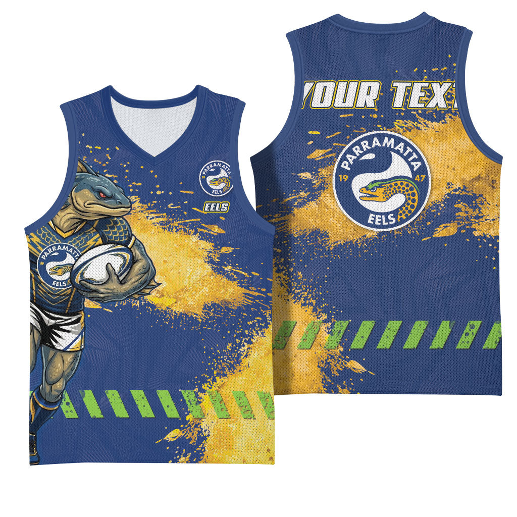 Personalised Parramatta Eels Rugby Basketball Jersey Eel Mascot - Sporty Splash Art Style