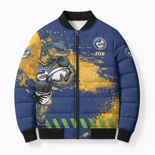 Personalised Parramatta Eels Rugby Bomber Puffer Jacket Eel Mascot - Sporty Splash Art Style