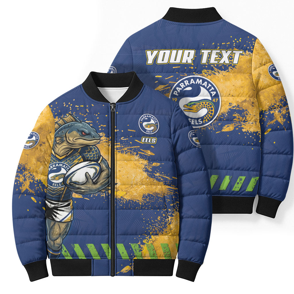 Personalised Parramatta Eels Rugby Bomber Puffer Jacket Eel Mascot - Sporty Splash Art Style