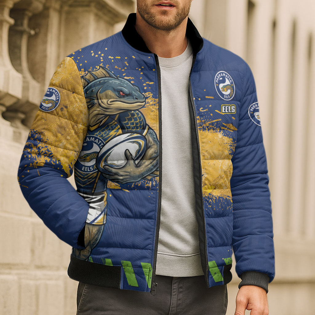 Personalised Parramatta Eels Rugby Bomber Puffer Jacket Eel Mascot - Sporty Splash Art Style