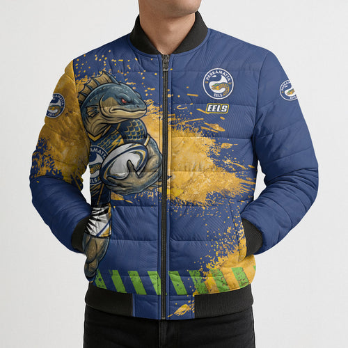 Personalised Parramatta Eels Rugby Bomber Puffer Jacket Eel Mascot - Sporty Splash Art Style