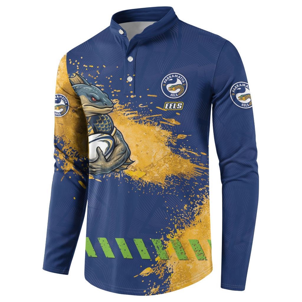 Personalised Parramatta Eels Rugby Button Sweatshirt Eel Mascot - Sporty Splash Art Style