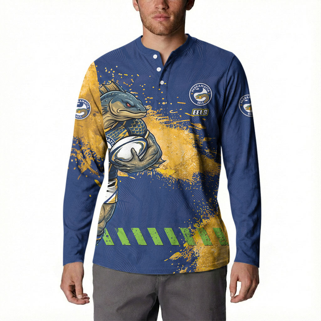 Personalised Parramatta Eels Rugby Button Sweatshirt Eel Mascot - Sporty Splash Art Style
