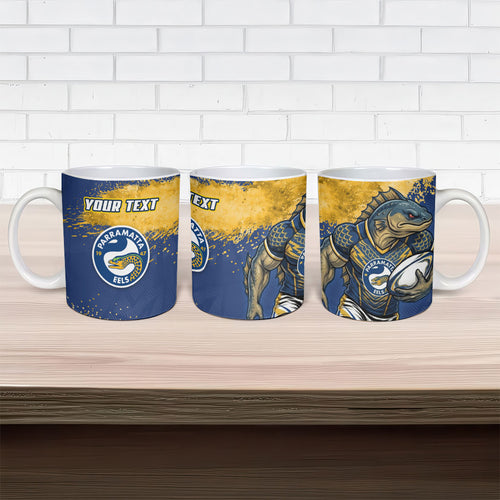 Personalised Parramatta Eels Rugby Ceramic Mug Eel Mascot - Sporty Splash Art Style