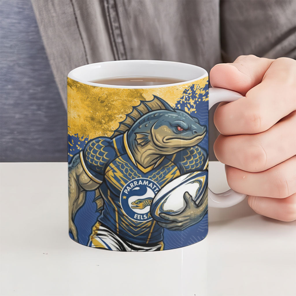 Personalised Parramatta Eels Rugby Ceramic Mug Eel Mascot - Sporty Splash Art Style