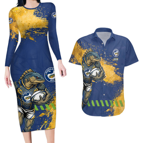 Personalised Parramatta Eels Rugby Couples Matching Long Sleeve Bodycon Dress and Hawaiian Shirt Eel Mascot - Sporty Splash Art Style