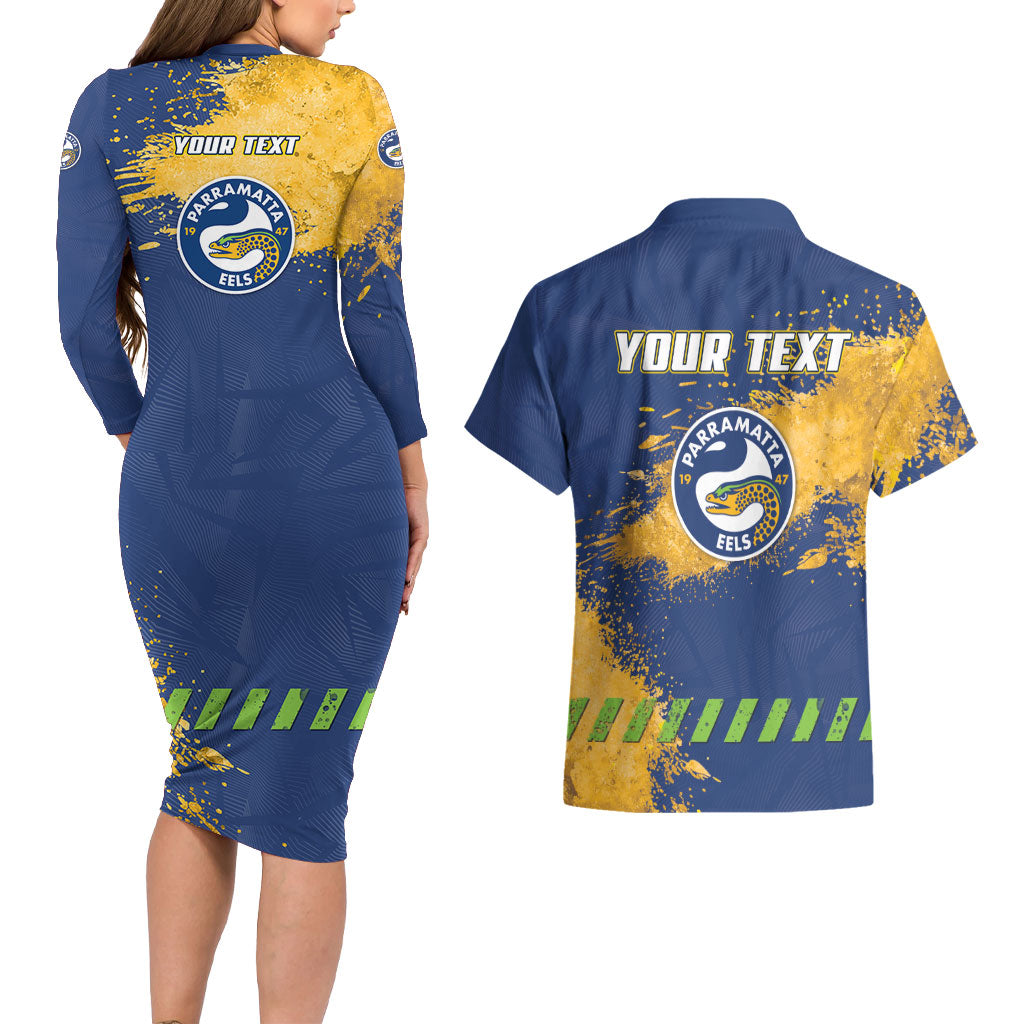 Personalised Parramatta Eels Rugby Couples Matching Long Sleeve Bodycon Dress and Hawaiian Shirt Eel Mascot - Sporty Splash Art Style