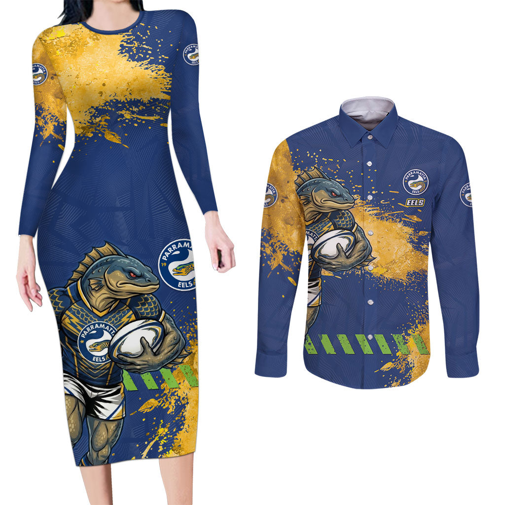 Personalised Parramatta Eels Rugby Couples Matching Long Sleeve Bodycon Dress and Long Sleeve Button Shirt Eel Mascot - Sporty Splash Art Style