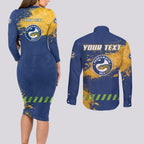 Personalised Parramatta Eels Rugby Couples Matching Long Sleeve Bodycon Dress and Long Sleeve Button Shirt Eel Mascot - Sporty Splash Art Style