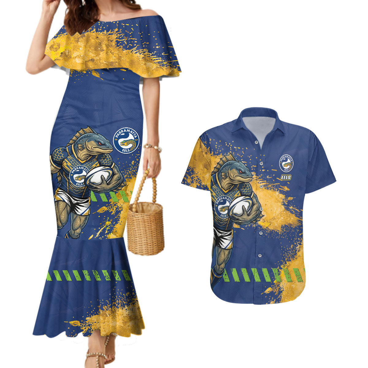 Personalised Parramatta Eels Rugby Couples Matching Mermaid Dress and Hawaiian Shirt Eel Mascot - Sporty Splash Art Style