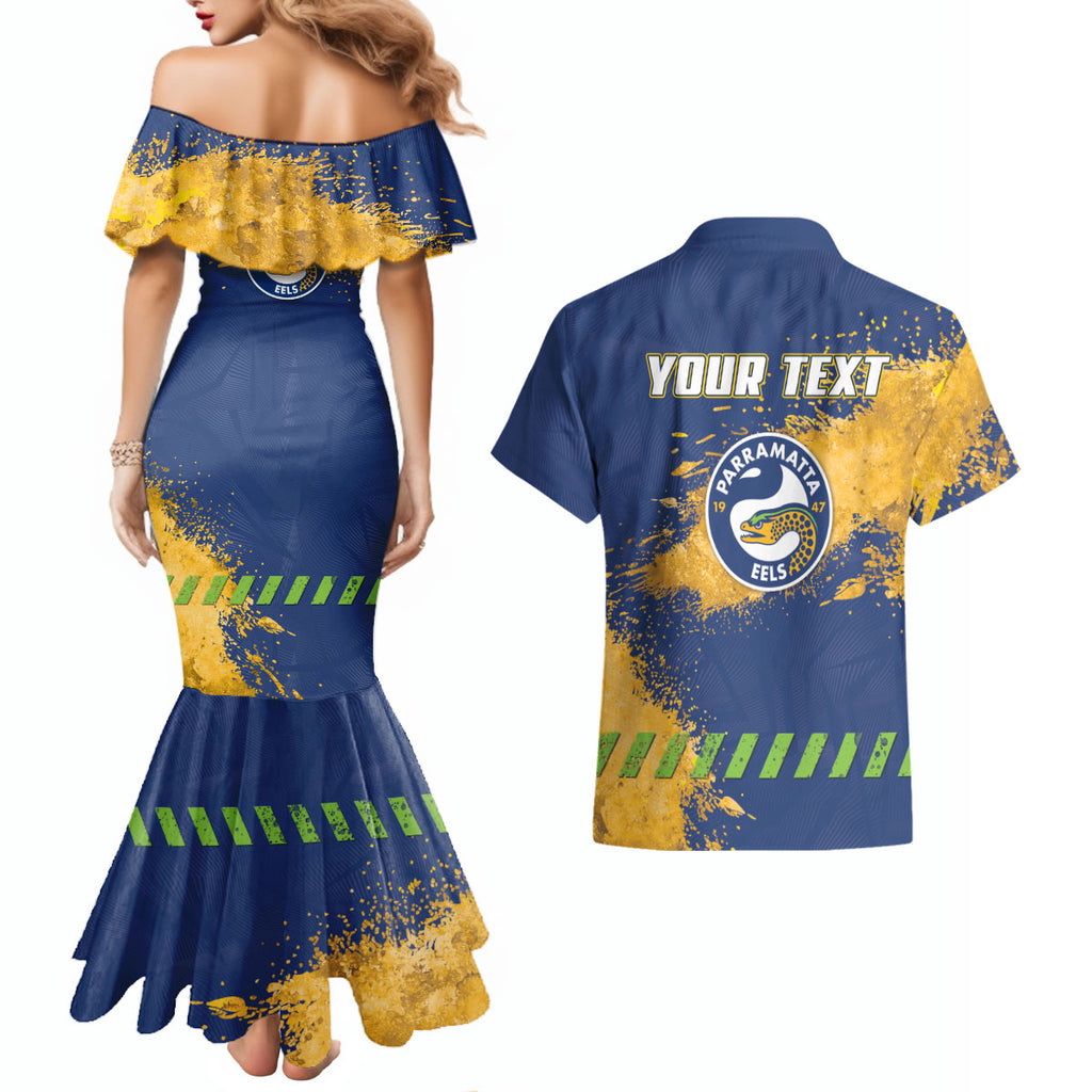 Personalised Parramatta Eels Rugby Couples Matching Mermaid Dress and Hawaiian Shirt Eel Mascot - Sporty Splash Art Style