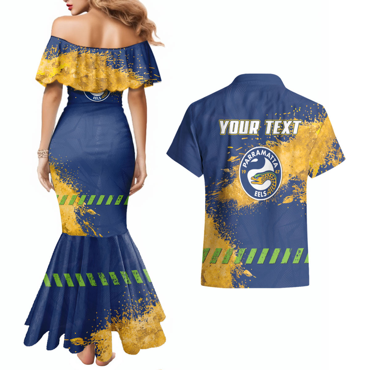 Personalised Parramatta Eels Rugby Couples Matching Mermaid Dress and Hawaiian Shirt Eel Mascot - Sporty Splash Art Style