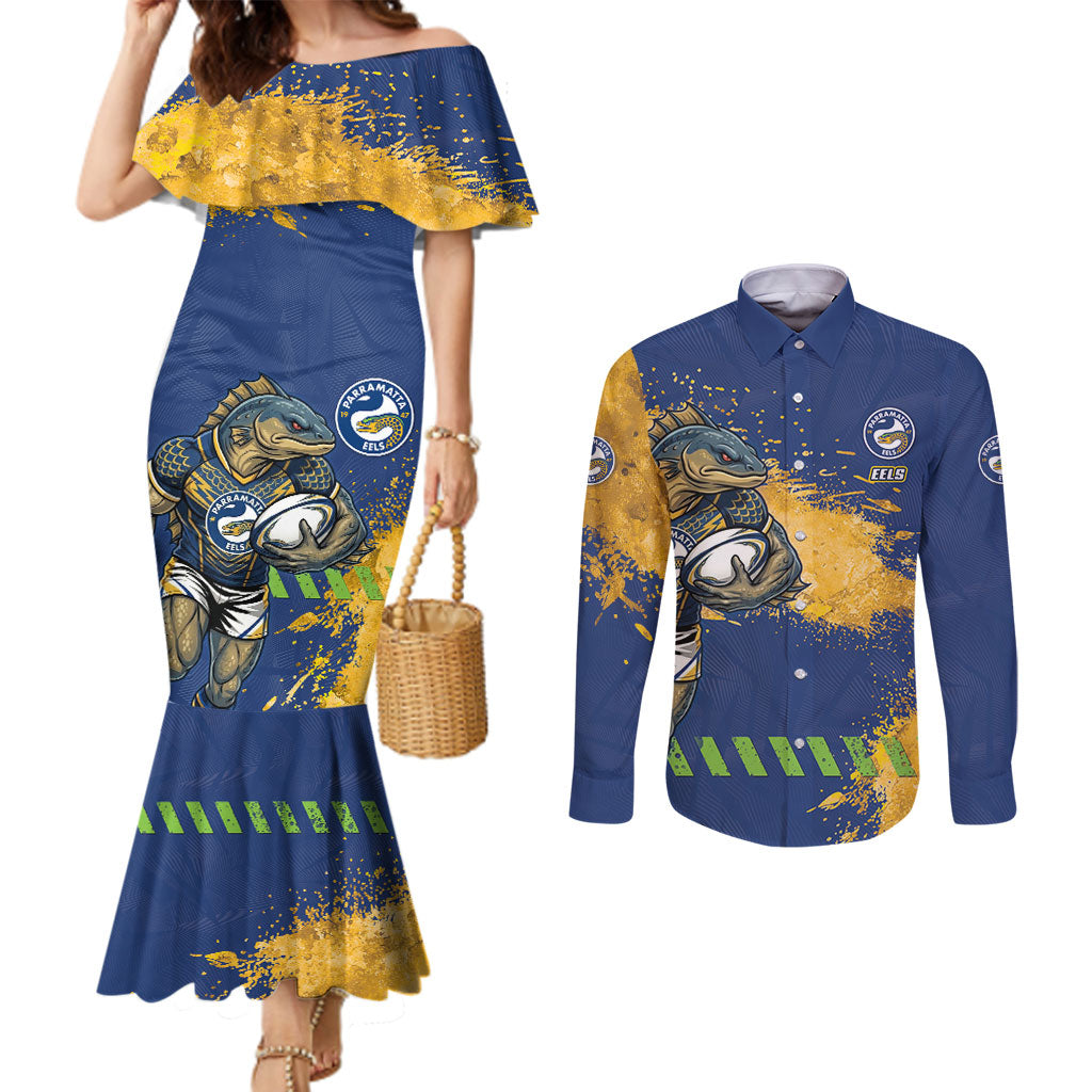 Personalised Parramatta Eels Rugby Couples Matching Mermaid Dress and Long Sleeve Button Shirt Eel Mascot - Sporty Splash Art Style