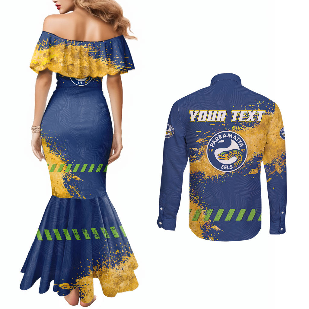 Personalised Parramatta Eels Rugby Couples Matching Mermaid Dress and Long Sleeve Button Shirt Eel Mascot - Sporty Splash Art Style