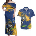 Personalised Parramatta Eels Rugby Couples Matching Off Shoulder Maxi Dress and Hawaiian Shirt Eel Mascot - Sporty Splash Art Style