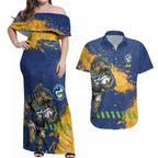 Personalised Parramatta Eels Rugby Couples Matching Off Shoulder Maxi Dress and Hawaiian Shirt Eel Mascot - Sporty Splash Art Style