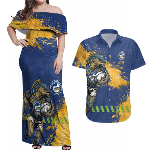 Personalised Parramatta Eels Rugby Couples Matching Off Shoulder Maxi Dress and Hawaiian Shirt Eel Mascot - Sporty Splash Art Style