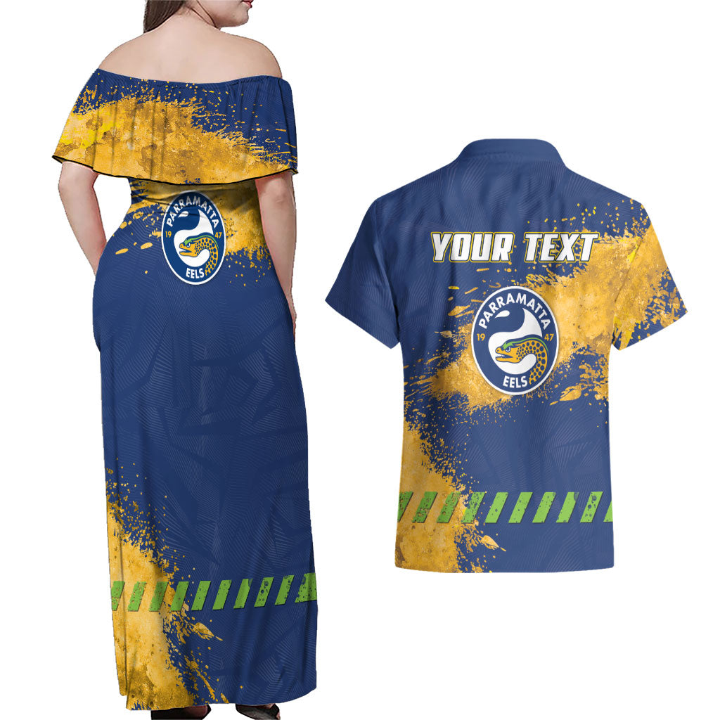 Personalised Parramatta Eels Rugby Couples Matching Off Shoulder Maxi Dress and Hawaiian Shirt Eel Mascot - Sporty Splash Art Style