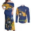 Personalised Parramatta Eels Rugby Couples Matching Off Shoulder Maxi Dress and Long Sleeve Button Shirt Eel Mascot - Sporty Splash Art Style