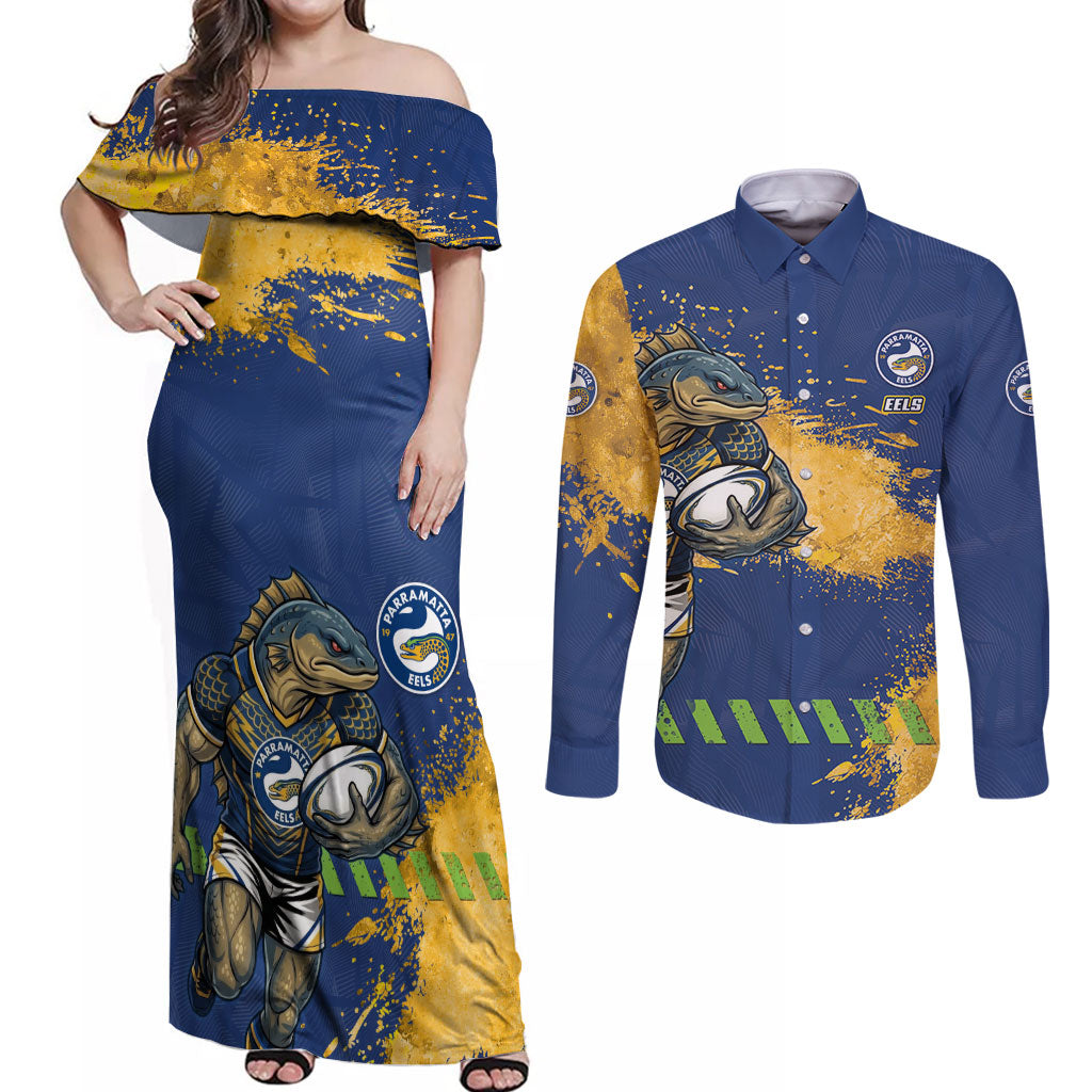 Personalised Parramatta Eels Rugby Couples Matching Off Shoulder Maxi Dress and Long Sleeve Button Shirt Eel Mascot - Sporty Splash Art Style