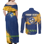 Personalised Parramatta Eels Rugby Couples Matching Off Shoulder Maxi Dress and Long Sleeve Button Shirt Eel Mascot - Sporty Splash Art Style