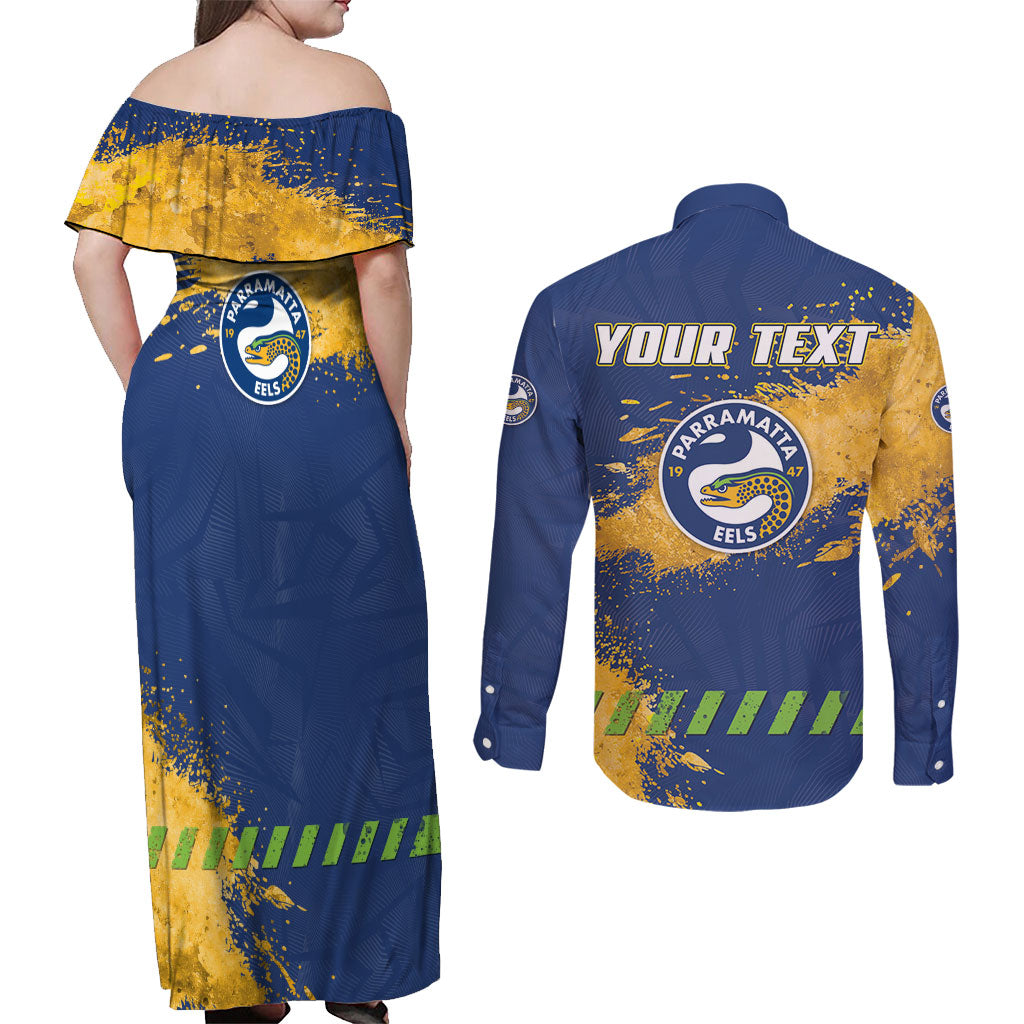 Personalised Parramatta Eels Rugby Couples Matching Off Shoulder Maxi Dress and Long Sleeve Button Shirt Eel Mascot - Sporty Splash Art Style