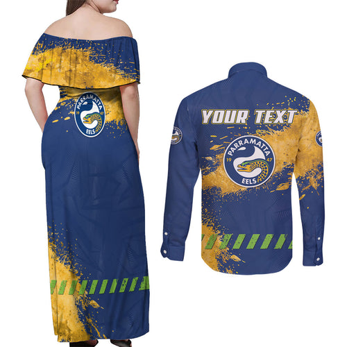 Personalised Parramatta Eels Rugby Couples Matching Off Shoulder Maxi Dress and Long Sleeve Button Shirt Eel Mascot - Sporty Splash Art Style