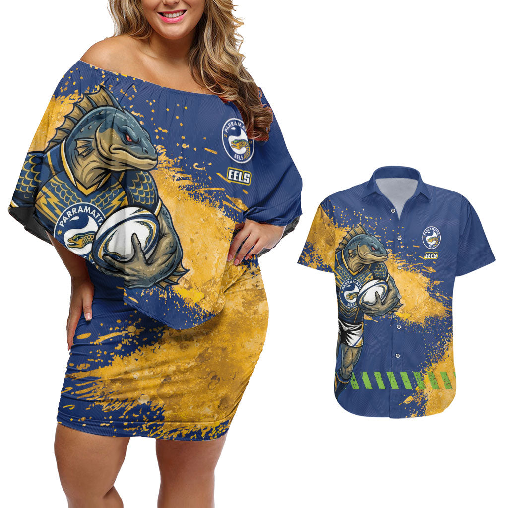 Personalised Parramatta Eels Rugby Couples Matching Off Shoulder Short Dress and Hawaiian Shirt Eel Mascot - Sporty Splash Art Style