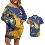 Personalised Parramatta Eels Rugby Couples Matching Off Shoulder Short Dress and Hawaiian Shirt Eel Mascot - Sporty Splash Art Style