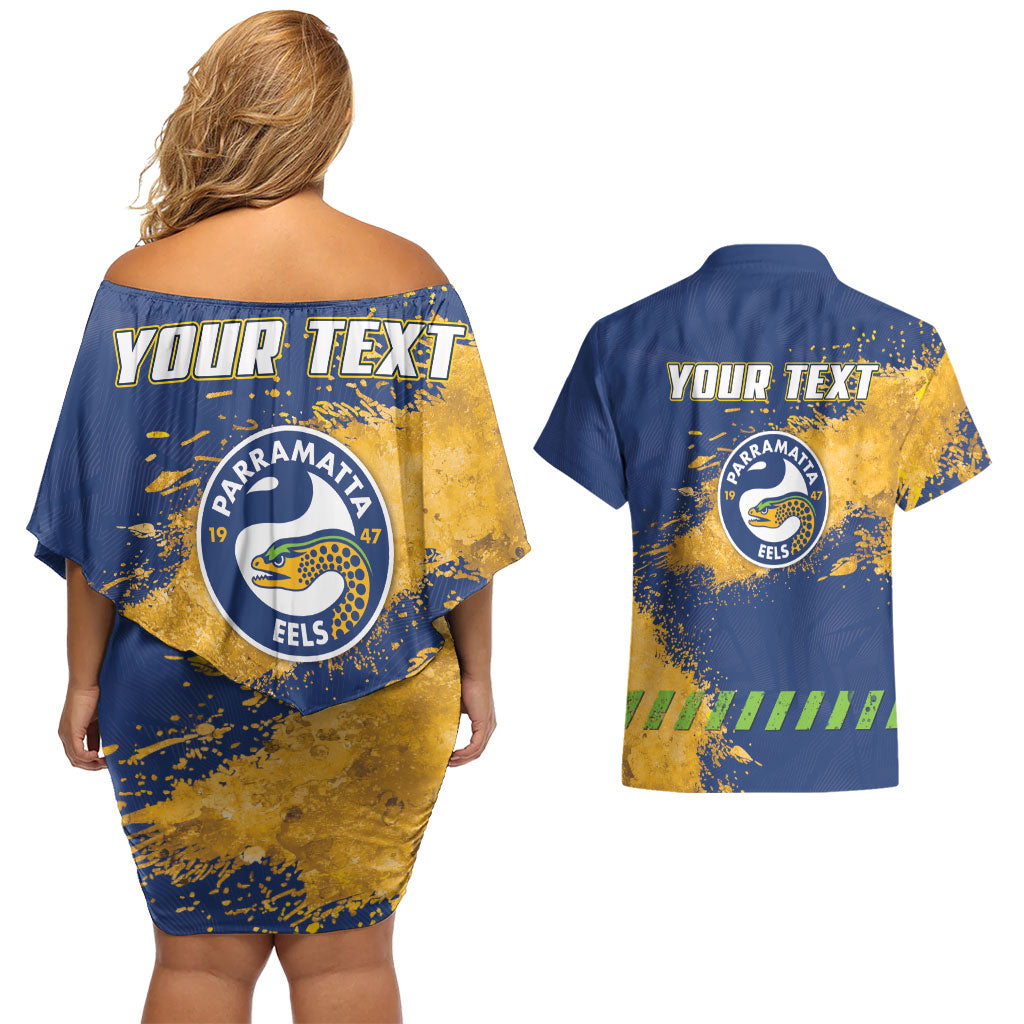 Personalised Parramatta Eels Rugby Couples Matching Off Shoulder Short Dress and Hawaiian Shirt Eel Mascot - Sporty Splash Art Style