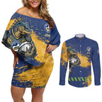 Personalised Parramatta Eels Rugby Couples Matching Off Shoulder Short Dress and Long Sleeve Button Shirt Eel Mascot - Sporty Splash Art Style