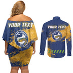 Personalised Parramatta Eels Rugby Couples Matching Off Shoulder Short Dress and Long Sleeve Button Shirt Eel Mascot - Sporty Splash Art Style