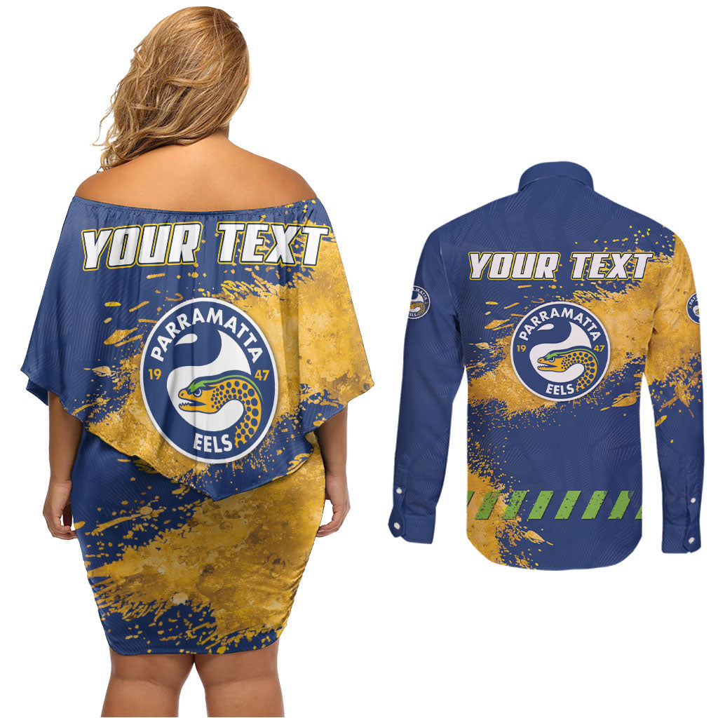 Personalised Parramatta Eels Rugby Couples Matching Off Shoulder Short Dress and Long Sleeve Button Shirt Eel Mascot - Sporty Splash Art Style