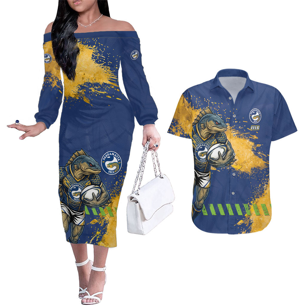 Personalised Parramatta Eels Rugby Couples Matching Off The Shoulder Long Sleeve Dress and Hawaiian Shirt Eel Mascot - Sporty Splash Art Style