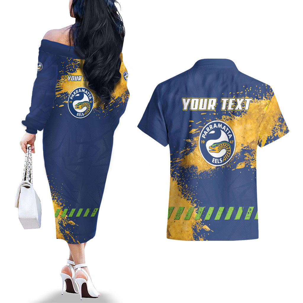 Personalised Parramatta Eels Rugby Couples Matching Off The Shoulder Long Sleeve Dress and Hawaiian Shirt Eel Mascot - Sporty Splash Art Style