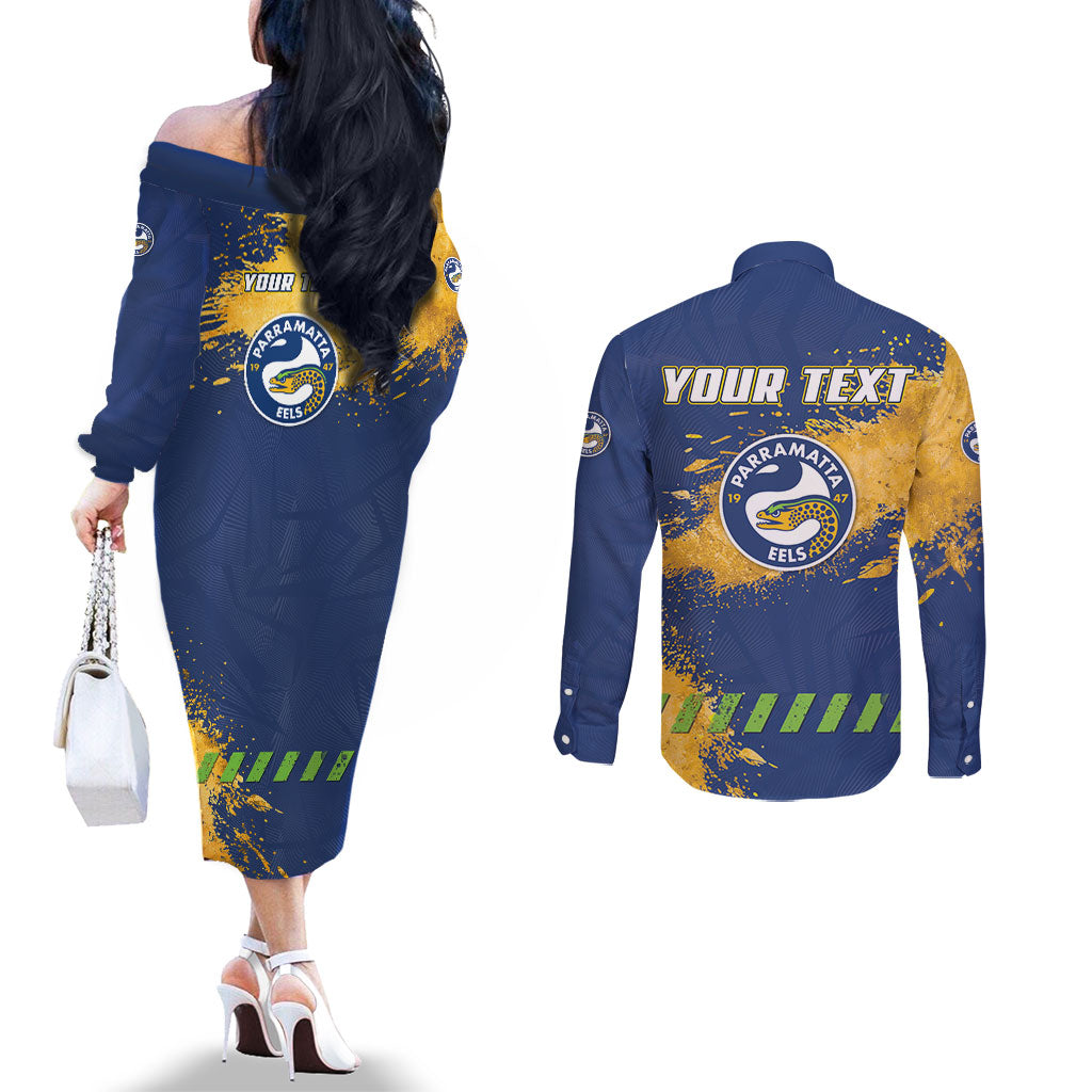 Personalised Parramatta Eels Rugby Couples Matching Off The Shoulder Long Sleeve Dress and Long Sleeve Button Shirt Eel Mascot - Sporty Splash Art Style