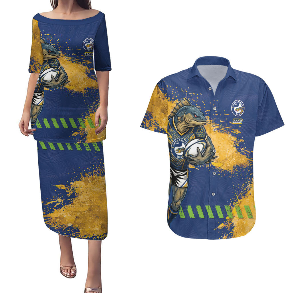 Personalised Parramatta Eels Rugby Couples Matching Puletasi and Hawaiian Shirt Eel Mascot - Sporty Splash Art Style