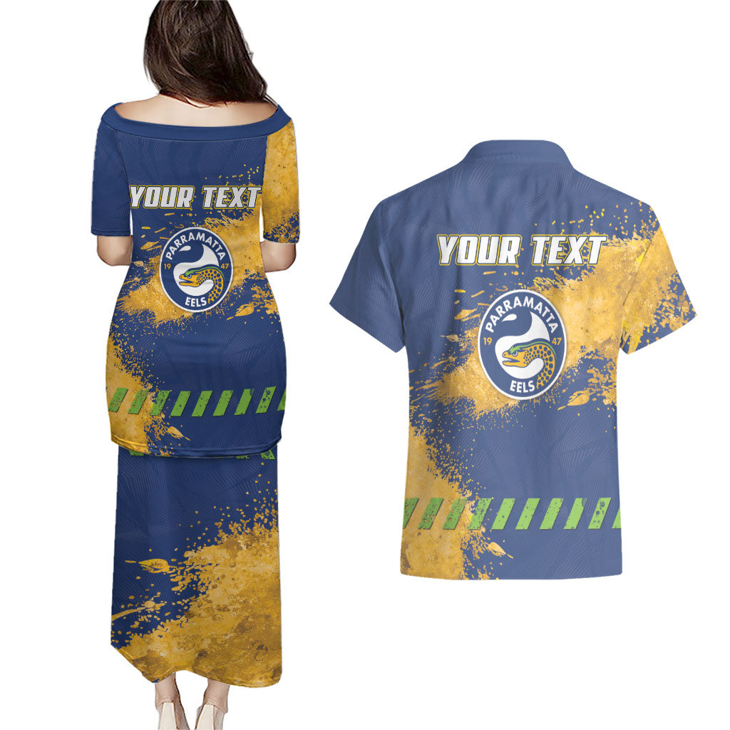 Personalised Parramatta Eels Rugby Couples Matching Puletasi and Hawaiian Shirt Eel Mascot - Sporty Splash Art Style