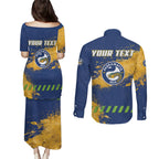 Personalised Parramatta Eels Rugby Couples Matching Puletasi and Long Sleeve Button Shirt Eel Mascot - Sporty Splash Art Style