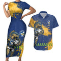 Personalised Parramatta Eels Rugby Couples Matching Short Sleeve Bodycon Dress and Hawaiian Shirt Eel Mascot - Sporty Splash Art Style
