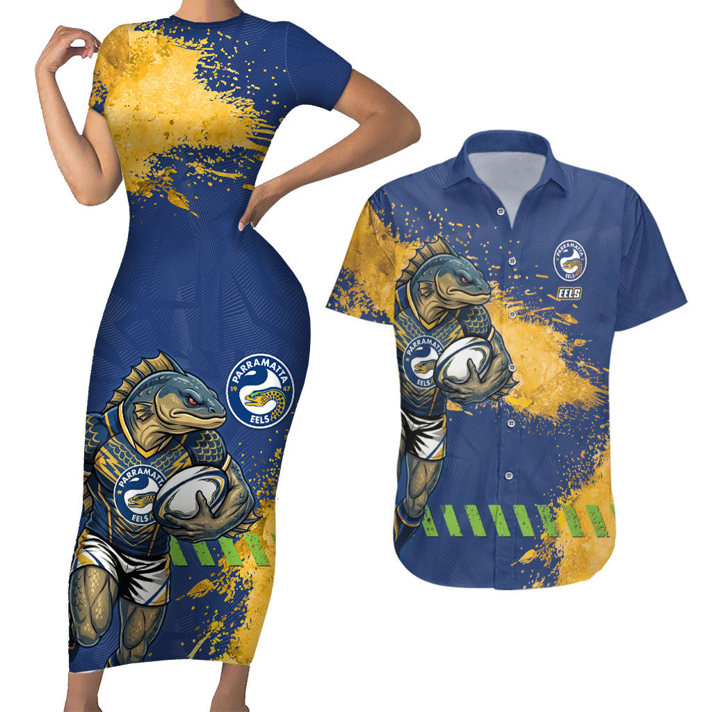 Personalised Parramatta Eels Rugby Couples Matching Short Sleeve Bodycon Dress and Hawaiian Shirt Eel Mascot - Sporty Splash Art Style