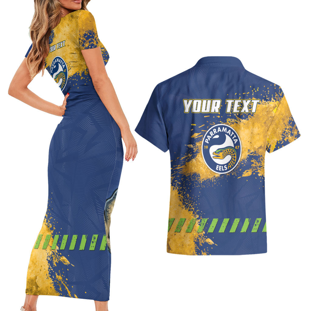 Personalised Parramatta Eels Rugby Couples Matching Short Sleeve Bodycon Dress and Hawaiian Shirt Eel Mascot - Sporty Splash Art Style
