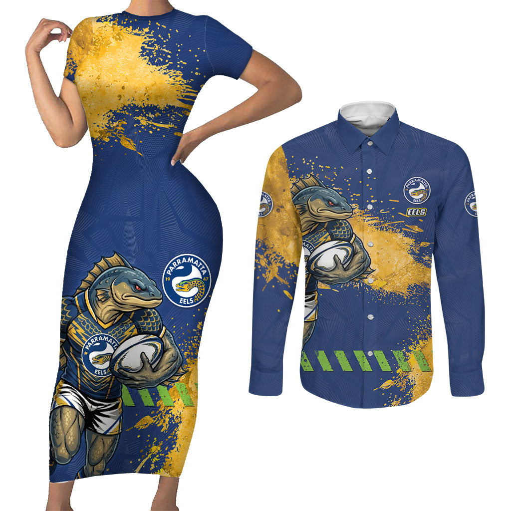 Personalised Parramatta Eels Rugby Couples Matching Short Sleeve Bodycon Dress and Long Sleeve Button Shirt Eel Mascot - Sporty Splash Art Style