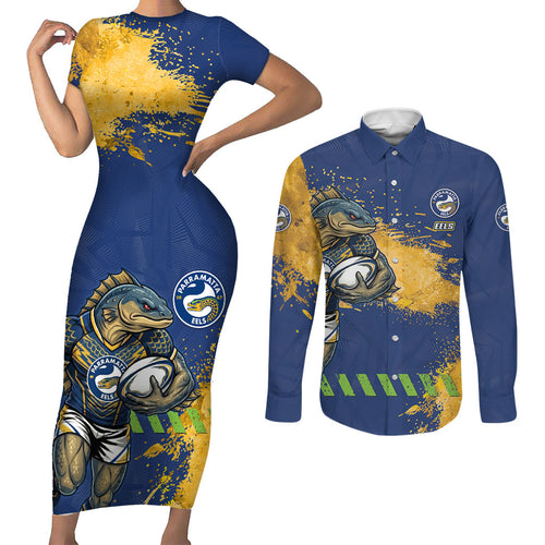 Personalised Parramatta Eels Rugby Couples Matching Short Sleeve Bodycon Dress and Long Sleeve Button Shirt Eel Mascot - Sporty Splash Art Style