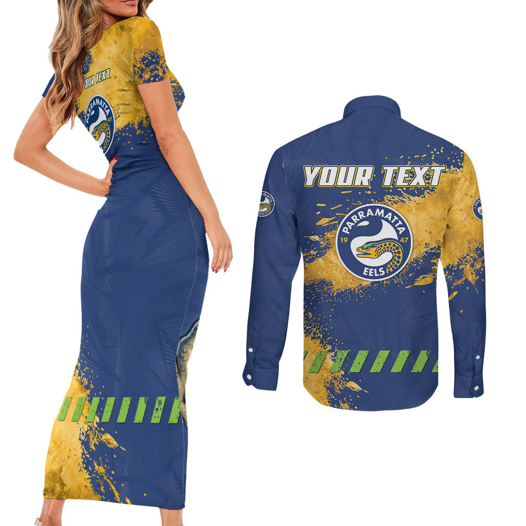 Personalised Parramatta Eels Rugby Couples Matching Short Sleeve Bodycon Dress and Long Sleeve Button Shirt Eel Mascot - Sporty Splash Art Style