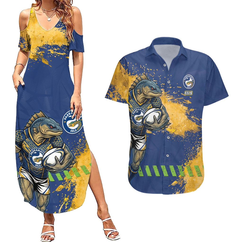 Personalised Parramatta Eels Rugby Couples Matching Summer Maxi Dress and Hawaiian Shirt Eel Mascot - Sporty Splash Art Style