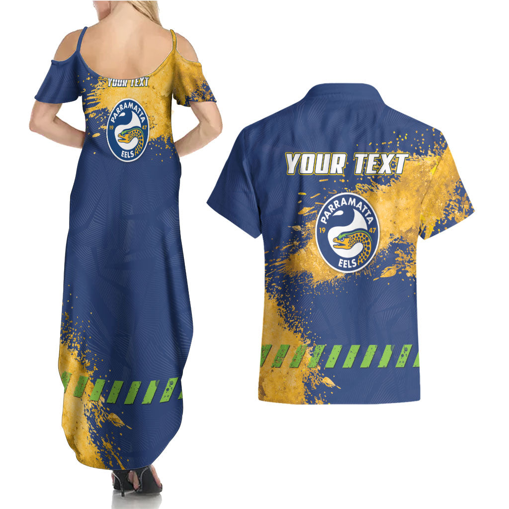 Personalised Parramatta Eels Rugby Couples Matching Summer Maxi Dress and Hawaiian Shirt Eel Mascot - Sporty Splash Art Style