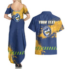 Personalised Parramatta Eels Rugby Couples Matching Summer Maxi Dress and Hawaiian Shirt Eel Mascot - Sporty Splash Art Style