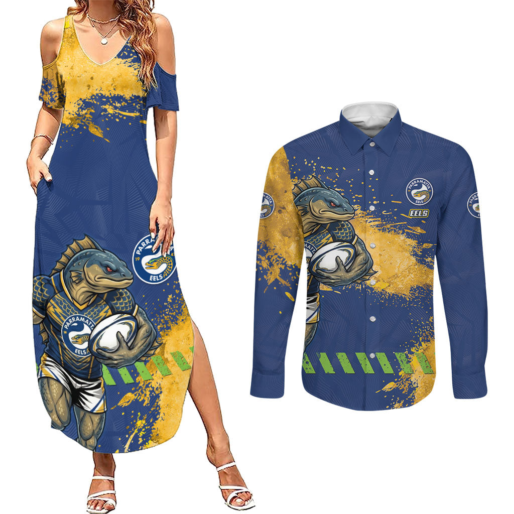 Personalised Parramatta Eels Rugby Couples Matching Summer Maxi Dress and Long Sleeve Button Shirt Eel Mascot - Sporty Splash Art Style
