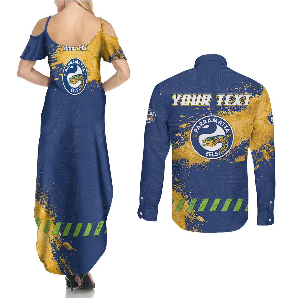 Personalised Parramatta Eels Rugby Couples Matching Summer Maxi Dress and Long Sleeve Button Shirt Eel Mascot - Sporty Splash Art Style